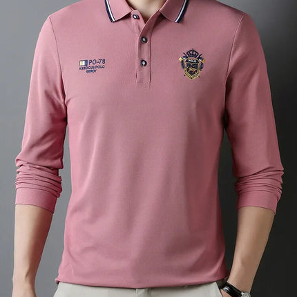 New Men's Long-sleeved Cotton Polo Shirt Fashion Embroidery Casual Bottom Pullover Shirts Tops Men's Clothing