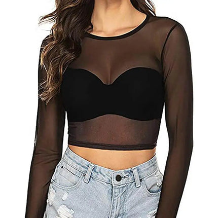 Sexy Women T Shirt See Through Mesh Tops Transparent Sheer Slim Ladies Tee Tops Sunscreen Tops Long Sleeve Bottoming Shirts