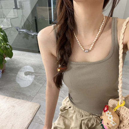 Women's Vest with Built-in Bra Pad Elastic Ribbed Square Collar Csole Tank Top ort Length  Color Versatile Summer F...