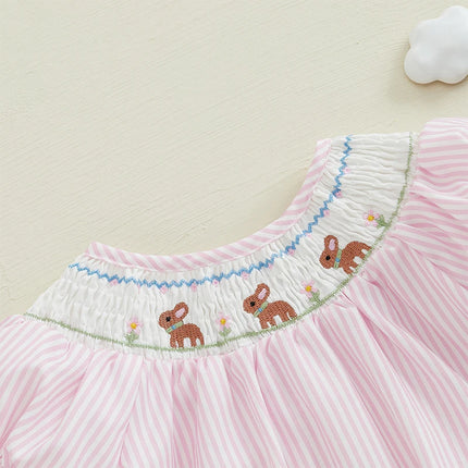 Newborn Infant Baby Girl Bunny Romper Puff Sleeve Rabbit Smocked Striped Bubble Bodysuit My 1st Easter Outfit Summer Clothes