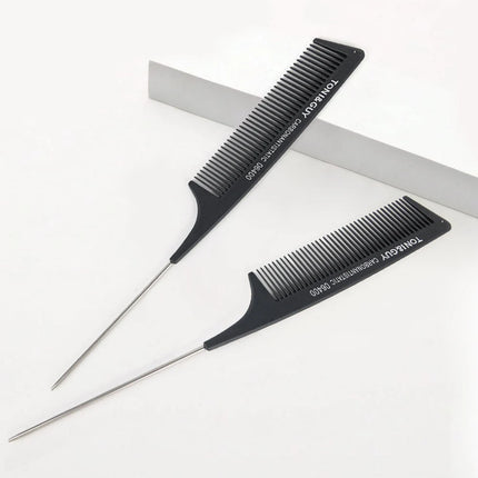 Black Rat Tail Comb Steel Pin Rat Tail Carbon Fiber Heat Resistant Teasing Combs with Stainless Steel Pintail Hair Styling Tools