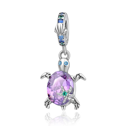 925 Sterling Silver Inlaid Heart-Shaped Beads & Rose Dangle Charm Fits Snake Bracelet Boutique Necklace Purple Pendant Gift