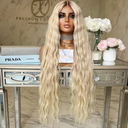 Long Natural Ash Blonde Curly Short Dark Root Ash Blonde Body Wave Wig Ombre HD Invisible Lace Front Wig Layered Middle Part Wig