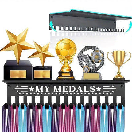 Heavy-Duty Metal Awards Trophy Display Stand Medal Hooks Wall Mount Organizer Medal Storage Holder Display Home Office Decor