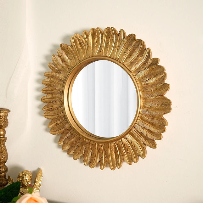 30.5cm Vintage Gold Feather Round Wall Mirror, Resin Sunburst Decorative Mirror for Living Room Bedroom Home Decor