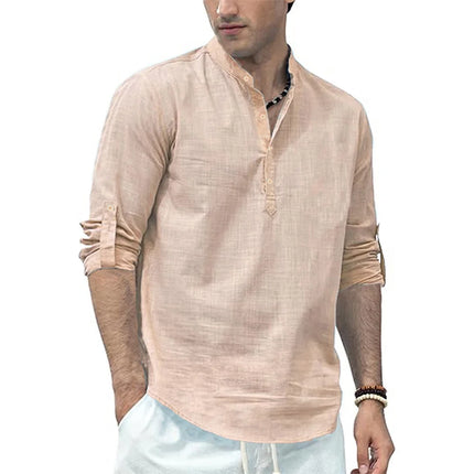 Men's Cotton Linen Long Sleeve Polo Shirt Lightweight Henley Neck Hawaiian Beach Style Solid Color Tops Vacation T-shirt