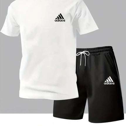 New summer fitness sportswear for men, short-sleeved T-shirt and shorts two-piece set, breathable and quick-drying casual wear.