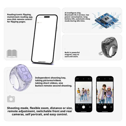 Transparent Scrolling Ring Remote for TikTok YouTube Instagram Video Scroller Page Turner Clicker Bluetooth Camera Shutter