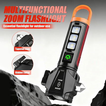 Tactica LED Flashlight w/ Safety Hammer & Seatbelt Cutter, SOS Red Strobe,Rechargeable Survival Gear for Outdoor EDC Defense