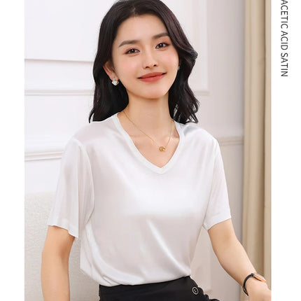 2026 Summer New Women's T-shirt V-neck Knitted Women's Short Sleeve High end Acetate Fiber White Fashion Women's Top