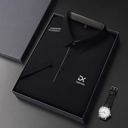 Men's Business Casual Short Sleeve Polo Shirt Solid Color with Badge Fashionable Breathable Comfortable Versatile Business Top