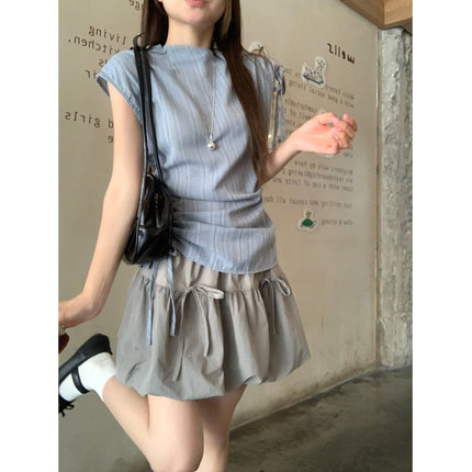 Blue Striped Drawstring Tie Women's Shirt Summer New Style French Stripe Design Modified Version Round Neck Sleeveless Dress