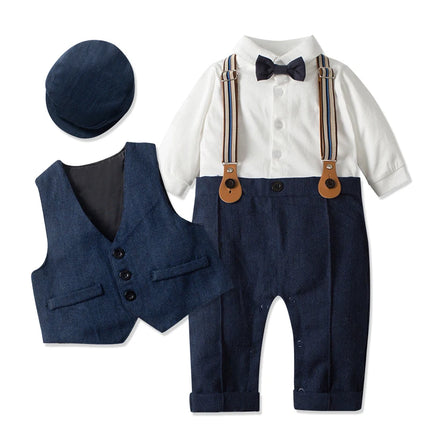 Newborn Baby Boy Formal Suit  Party Birthday Wedding Toddler Boys Outfit  Jumpsuit+Waistcoat+Beret+Bowtie+Suspender 0-3 Months