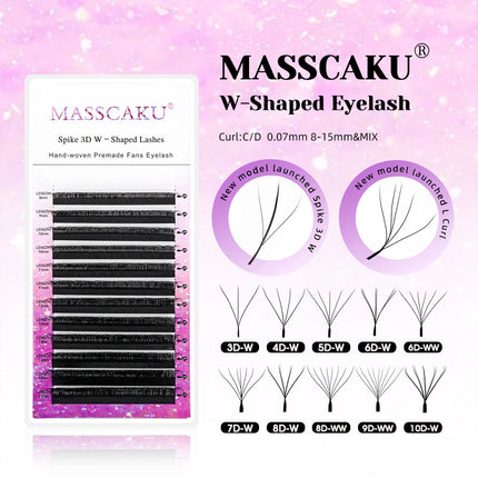 MASSCAKU Spike 3D W Eyelashes Extensions 0.07mm Thickness 8-15mm Mix Hand Woven Premade Volume Fans Lashes for Makeup Lovers