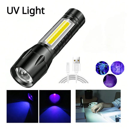 Portable USB Rechargeable Mini UV Flashlight Zoomable Ultraviolet Torch 365nm Pet Detector Violet Waterproof Outdoor Flashlights