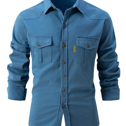 Fashion Men's Business Casual Long Sleeve Shirt with Double Pockets Turn-down Collar Office Work Wear Outdoor Utility Clothing