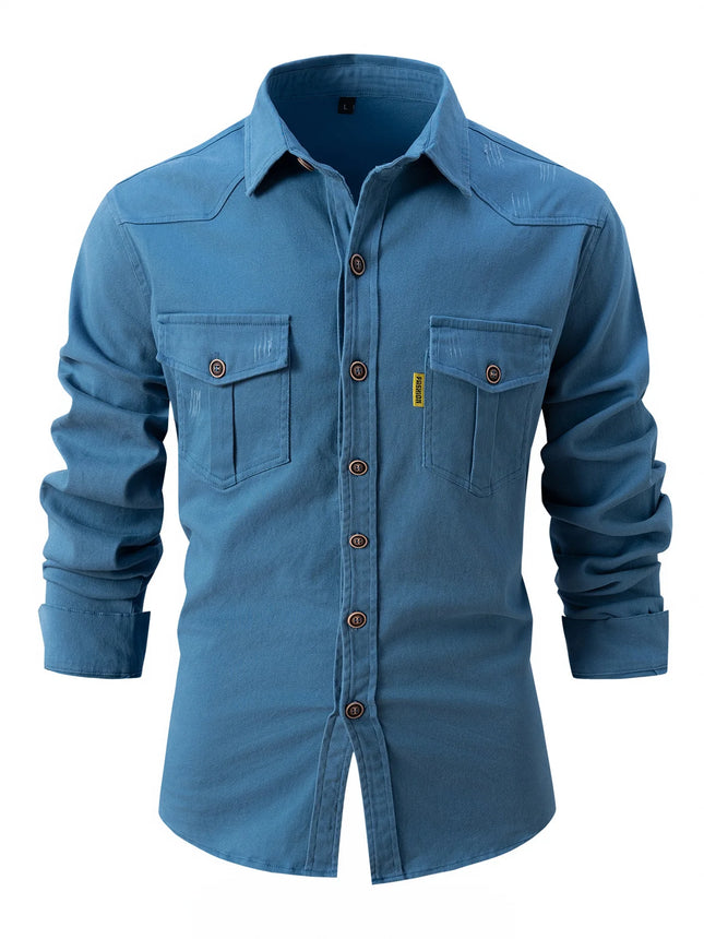 Fashion Men's Business Casual Long Sleeve Shirt with Double Pockets Turn-down Collar Office Work Wear Outdoor Utility Clothing