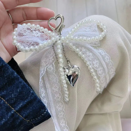 2025 New Korean Sweet Pearl Bow Keychain Heart Pendant Keyring Y2K Aesthetic Key Holder for Girls Bag Pendant Accessories