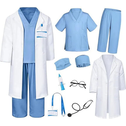 Children Doctor Nurse Cosplay Professional Role-playing Costumes Surgical Gown White Coat with Top Accessories for Boys Girls