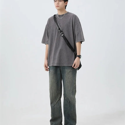 Summer men's washed T-shirt 230G pure cotton retro faded loose neutral basic short-sleeved loose fitness top