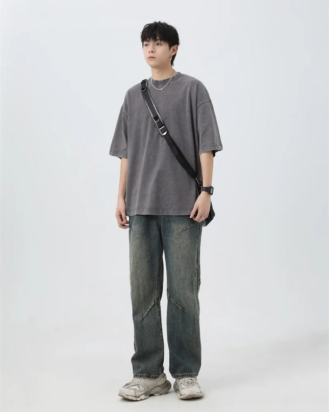 Summer men's washed T-shirt 230G pure cotton retro faded loose neutral basic short sleeved loose fitness top
