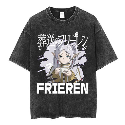 Anime Frieren: Beyond Journey's End Graphic Washed Vintage T-shirt Men's Women Fashion Short Sleeve Cotton Casual Loose T Shirts