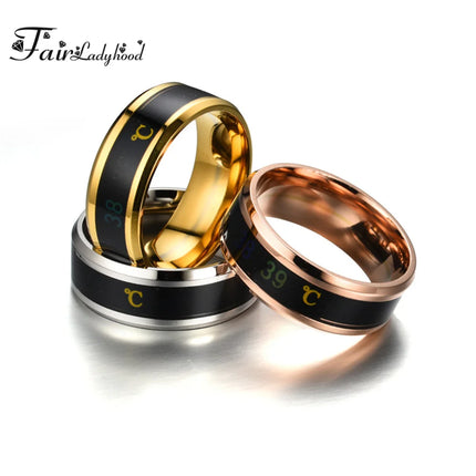 FairLadyHood Black Silver Color Gold Rose Blue Color Intelligent Thermometer Temperature Men Women 316L Stainless Steel Couple
