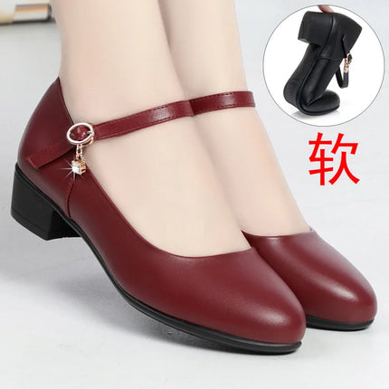 Women Fashion Sweet Red Comfort Buckle Strap Square Heel Pumps Lady Casual Black Pu Leather Office High Heel Shoes Spring Autumn