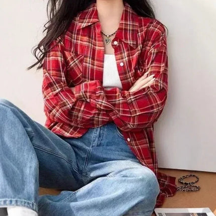Retro Red Plaid Long Sleeve Women's Shirt Loose Fit Autumn Summer New Style Casual Fashion Open Cardigan Slimming Top Coat