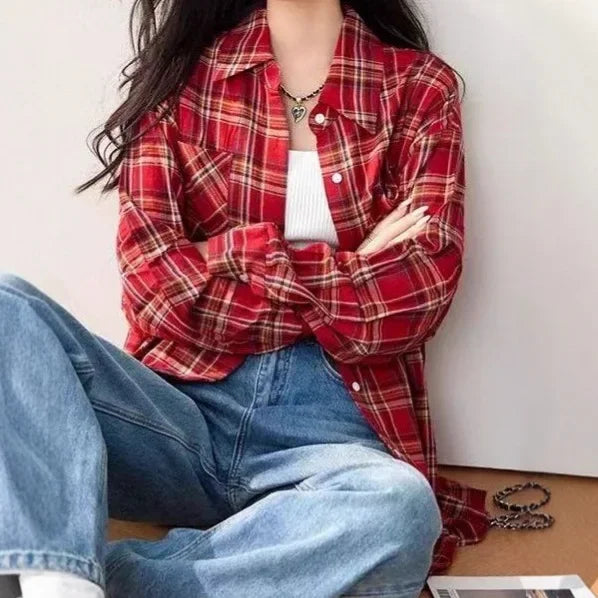 Retro Red Plaid Long Sleeve Women's Shirt Loose Fit Autumn Summer New Style Casual Fashion Open Cardigan Slimming Top Coat