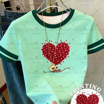 26 Women's Short Sleeve Valentine's Day LOVE Red Heart Print T-Shirt Girl Round Neck Tee Outdoor Sports Adult Women's T-Shirt