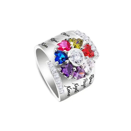 Personalized 1-8 Birthstone Rings Custom Engraved Name Ring Customized Promise Heart Birthstone Ring Gifts for Family Women