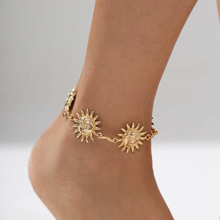 Retro Bohemia Metal Human Face Sun Flower Waist Chain Ankle Chain for Women Summer Beach Sexy Bikini Expose Waist Body Jewelry