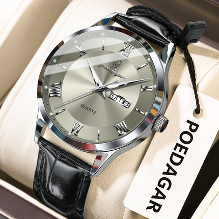POEDAGAR Classic Luxury Men's Wristwatch Date Week Leather Business Man Watch Waterproof Luminous Fashion Quartz Watches For Men