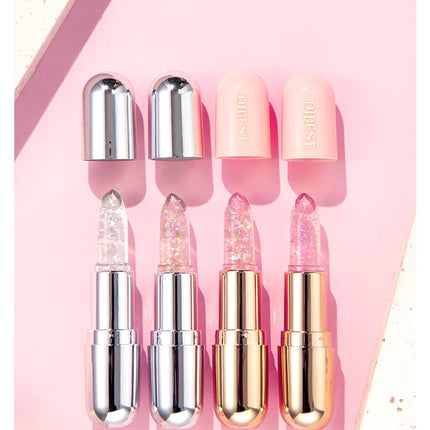 QIBEST Glitter Lipstick Lip Balm Color Change Transparent Moisturizing Crystal Jelly Pearlescent Lip Plumper Gloss Tint Cosmetic