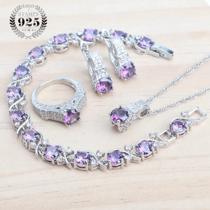 925 Sterling Silver Jewelry Sets For Women Wedding Jewelry Ladies Purple Zircon Earrings Bracelets Set Rings Pendant Necklace