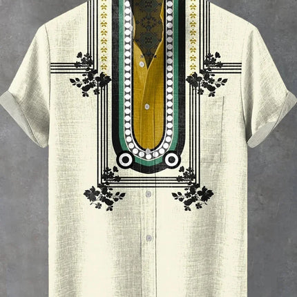 The new men's summer linen short-sleeved shirt features a pattern label. The clothing with artistic patterns, casual shirts.