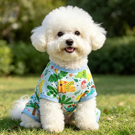 Cartoon Dinosaur Palm Leaf Print Dog Four Legged Pajamas Soft Cotton Pet Jumpsuit Breathable Medium Large Dog Loungewear