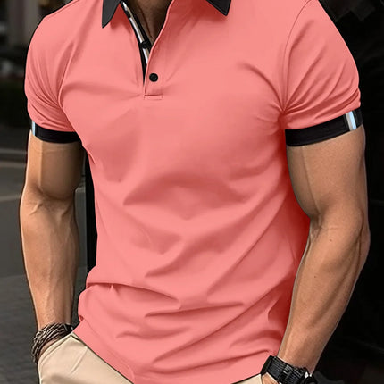 Summer Men's Button Polo Shirt Color Blocked Short Sleeve Collar T-shirt Casual Fit Top Men's Wear
