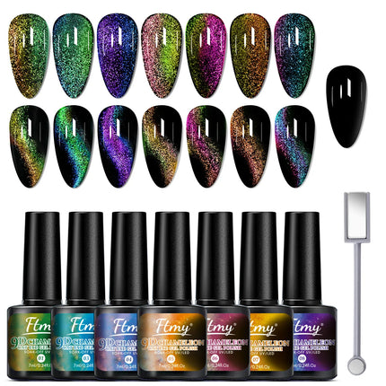 7 colors Starry Sky Effect Magnetic Gel Polish Set with Soak Off UV LED Cat Eye Gel Polish Manicure Nail Art Kit - Magnetic Stic