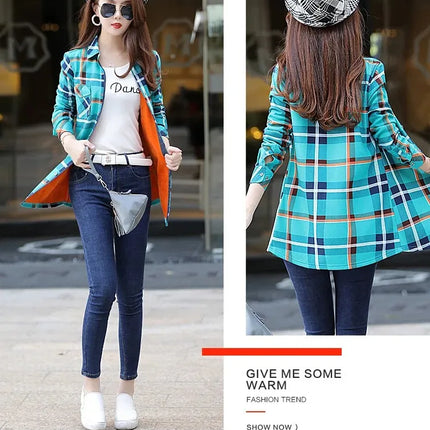 Thickened Fleece Women's Long Sleeve Shirt Warm Slim Fit Midi Length Plaid Korean Style Fashionable Women's Button-up Top