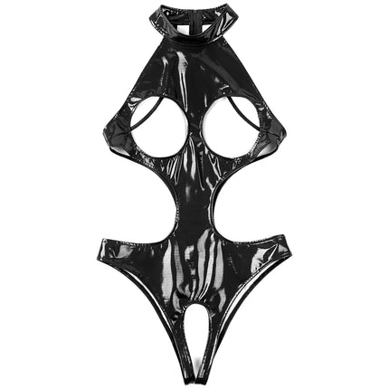 Sexy Womens Cutout Patent Leather Latex Bodysuit Bare Breast Bra Crotchless Erotic Teddies Costume Lingerie Babydoll Bodysuit