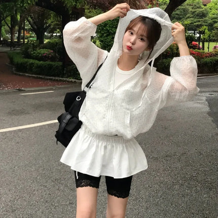Summer Polka Dot Sun Protection Jacket Loose Fit Thin Hooded Jacket Long Bubble Sleeve Breathable Quick Dry Jacket