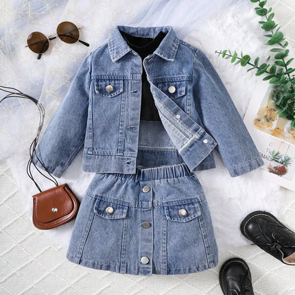 Baby Girl Autumn Trendy Three Piece Denim Jacket Black High Collar Knitted Top Denim Skirt Street Party Set