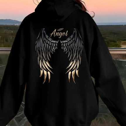 Women's Casual Hoodie with Angel Wings Graphic Drawstring Detail Kangaroo Pocket Perfect for Fall Winter Playful Design Trendy