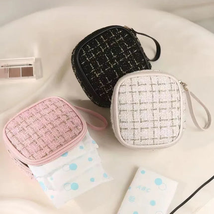 Women Makeup Pouch TikTok Viral Organizer Bag, Tweed Fabric Cosmetic Case with Long Handle for Travel Toiletries Sanitary Pads