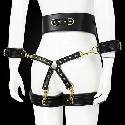 Professional BDSM Red Leather Harness Set Collar Handcuffs Restraint Kit for Women Slave Role Play Fetish Gear Adult Game Toy