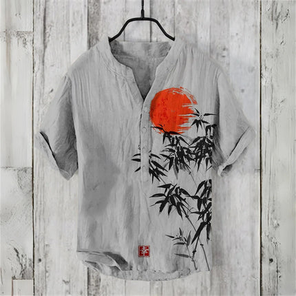 Chinese Retro Men's Short-Sleeved POLO Shirt Linen Blended Printed Clothing Comfortable High Quality Large Size Men's Tops