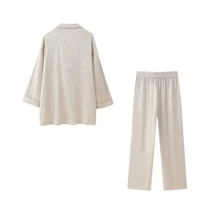 Women's Double-Breasted Loose Blazer Coat and High Elastic Waist Wide Leg Pants, Female Two Piece Sets, Fashion