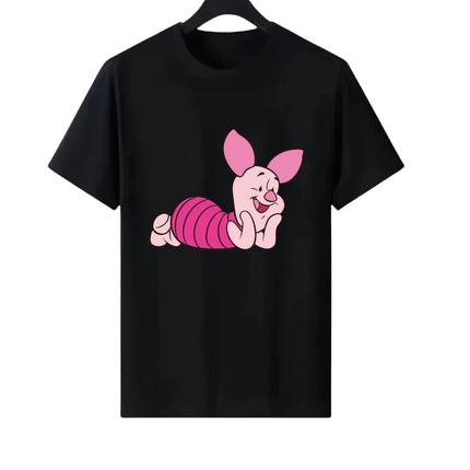 Disney Pooh Bear Piglet Pattern Woman Round Neck Loose Parent-child Clothing Tops Ladies Comfort Short Sleeves T-Shirt Blouses